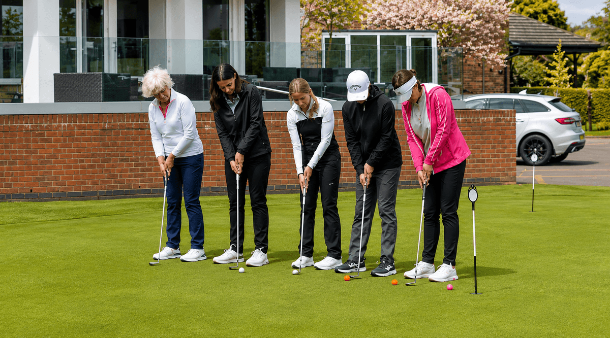 Ladies on the putting green practising putting temp
