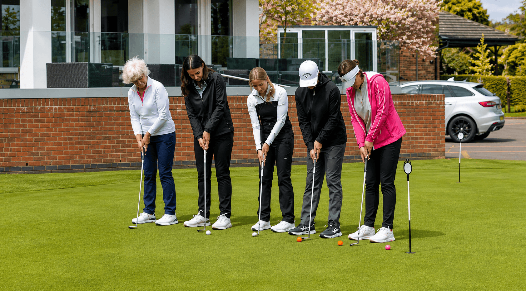 Ladies on the putting green practising putting temp